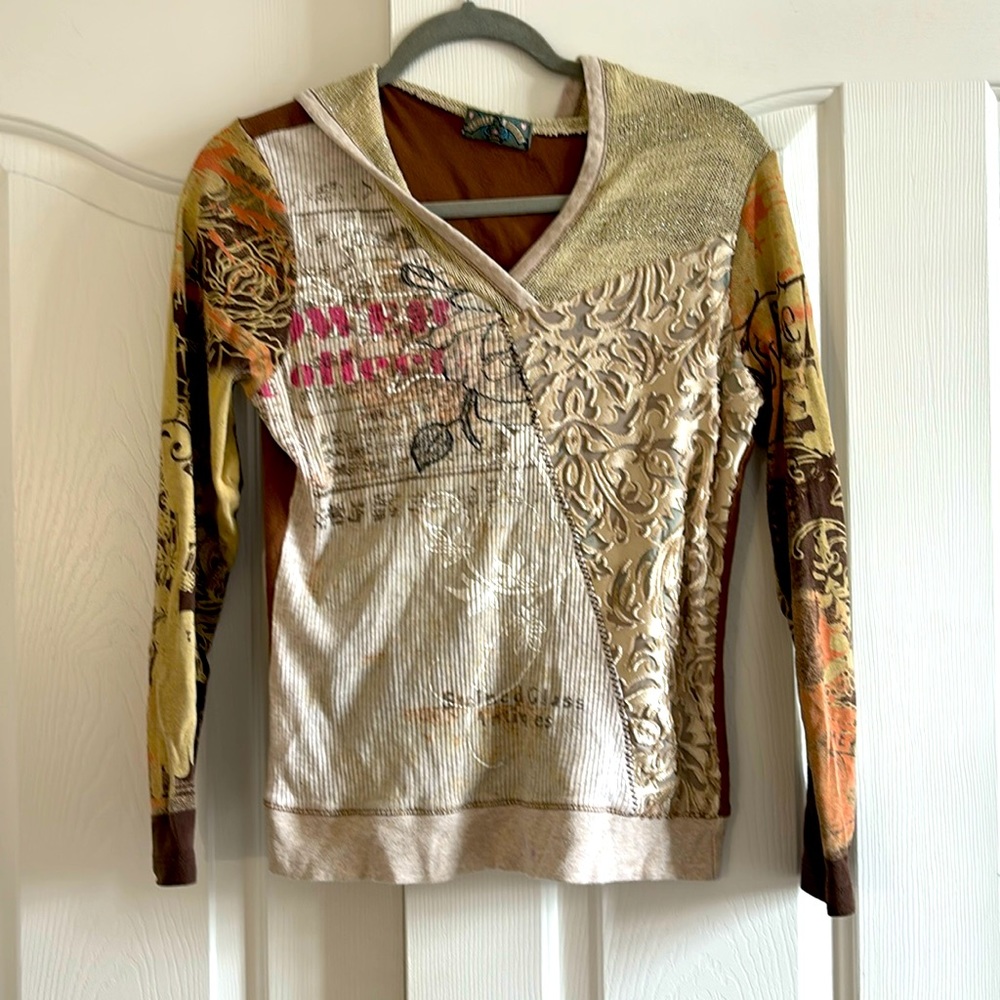 Y2K multi patterned long sleeve top w/ knitted hood
